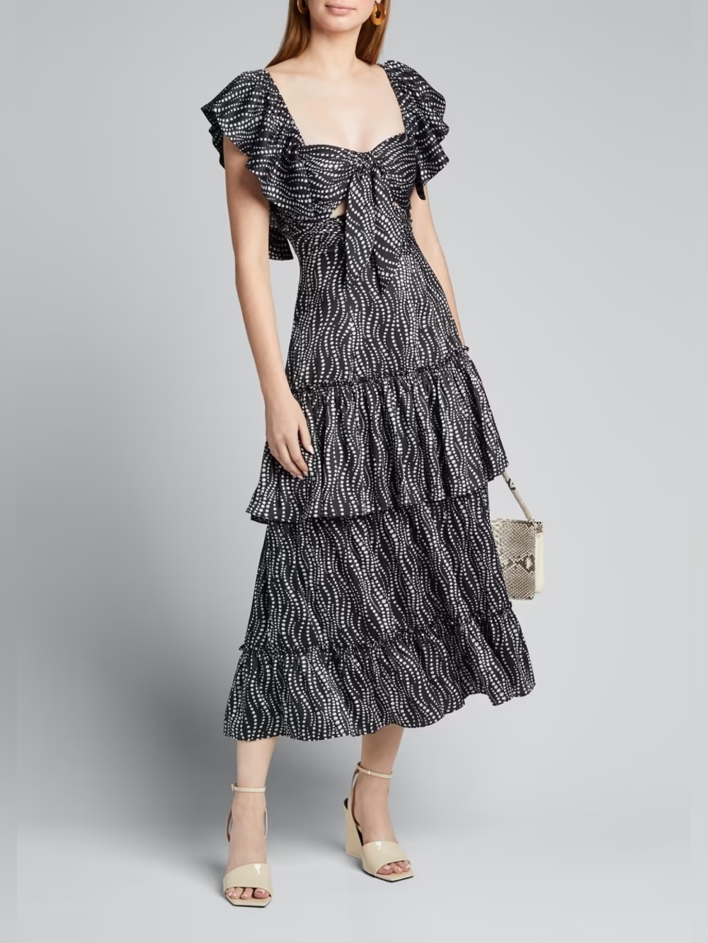 NWOT Cinq a Sept Valerie Knotted Tier Midi Dress Size 4 Flutter Sleeves